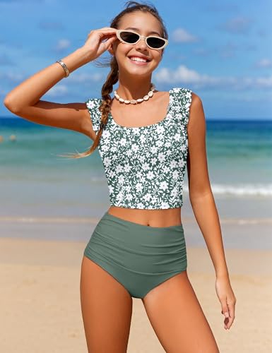 Image of Girls Tankini Swimsuit 2 Piece Bathing Suit Twist Cross Back Cutout Swim Tank Top Floral Print Swimwear for 7-18Y