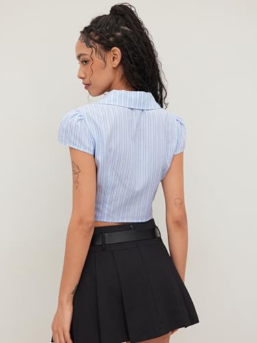 CIDER Button Down Shirt Women Striped Blouse Collared Neck Ruched Shirt Short Sleeve Top Work Casual Shirts3