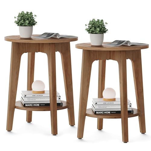 Image of VASAGLE Side Tables, Set of 2, Small Round End Table with Lower Shelf, Nightstand for Small Spaces, Living Room, Bedroom, Rustic Walnut ULET289K01
