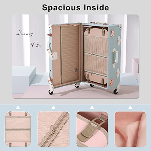 7998 Bundle Vintage Trunk Luggage Set Of 3 Piece, Retro Travel Suitcase For Women With Wheels And Tsa Key Lock (Embossed Blue, 26"+20"+12") #TOP4