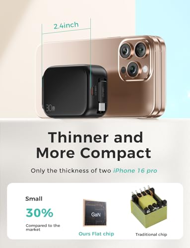 Image of 2-in-1 Retractable Wall Charger Plug with USB C Port and 27in /70cm Type C Cable,Travel Essentials 30W Fast Charging Foldable Block for iPhone 16 /15 /,iPad,Galaxy,Pixel-Black