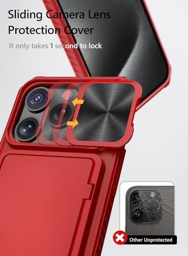 Image of Vihibii PC For iPhone 15 Pro Wallet Case With Card Holder(4 Cards)&Slide Camera Cover&Kickstand&Raised Edges Protective Screen,Shockproof Rugged Back Cover For iPhone 15 Pro 5G 6.1 inch 2023,Red