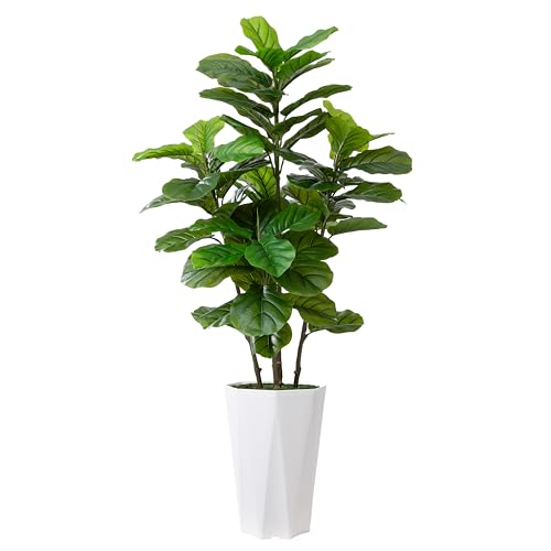 Artificial Fiddle Leaf Fig Plant Indoor 5FT Faux Fig Tree with White Diamond Planter Tall Fake Floor Plant in Pot Artificial Trees for Home Office Living Room Decor Indoor
