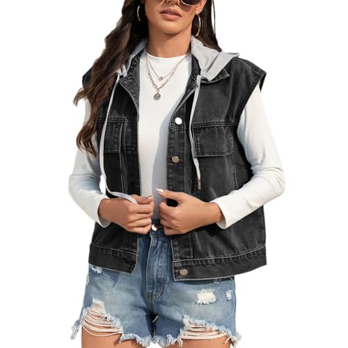 Veste en denim sans manches femme ample classique avec boutons et poches fonctionnelles
