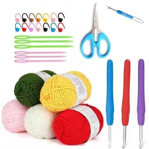 Image of VIRADHAM Crochet Kit for Beginners - Complete Starter Set with Yarn, Ergonomic Hooks, Needles & Accessories - Easy DIY Knitting & Crochet Kit for Adults and Kids (3 Hook Yarn kit)