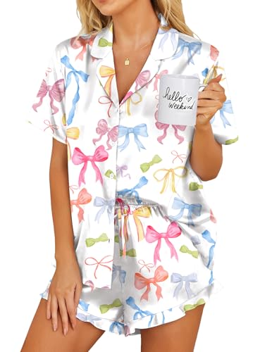Image of Ekouaer Womens Satin Pajamas Set Button Down 2 Piece Silk Pjs Shorts Set Ruffle Lingerie Notch Collar Sleepwear