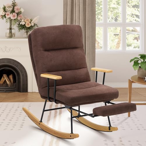 Image of Rocking Chair With Retractable Footrest - Glider With Adjustable Backrest, Teddy Upholstered, Modern Accent for Living Room/Nursery/Bedroom/Outdoor - Brown