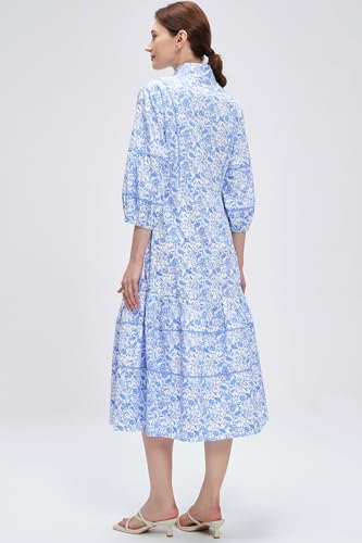 D-Sun Women Floral Maxi Dress Elegant Printed Button Down 3/4 Puff Sleeve Tiered A-Line Flowy Party Long Dress with Pocket4