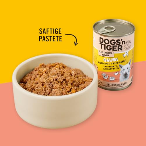 Dogs’n Tiger Adult Hundefutter, Gaudi, Hundenassfutter mit Huhn, Truthahn, Cranberries und Süßkartoffel - ohne Getreide, Zuckerzusatz, künstliche Konservierungsstoffe, 6X 400g