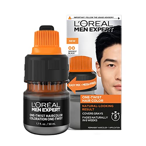 L’Oreal Paris Men Expert One Twist Mess Free Permanent Hair Color, Mens Hair Dye to Cover Grays, Easy Mix Ammonia Free Application, Deepest Black 00, 1...