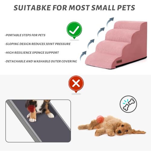 Image of 4-Step Dog Stairs for Bed or Couch, Pink Pet Ramp for Small Dogs, Cats | Aodisman Elegant Pink Dog Ramp Designed for Dogs and Cats, Ideal for Beds and Couches, Providing Comfortable Access, 17.7 inch H