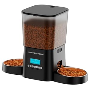 HoneyGuaridan Automatic Cat Feeders for 2 Cats, 3.5L Cat Food Dispenser with Double Bowls,Two Way Splitter Cat Feeder for Dry Food,Programmable 1-6 Meals Control, Dual Power Supply