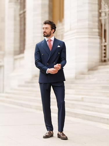 Mens Double Breasted Suit 2 Piece Classic Regular Fit Business Casual Wedding Prom Suits for Men4