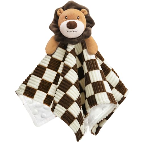 Image of Baby Security Blanket Lovey Lion Blanket for Boys Girls 14 Inch | Super Soft Checkerboard Gingham with Minky Dot Fabric Backing Stuffed Animal Lovely Snuggle Toy Shower Gift Brown