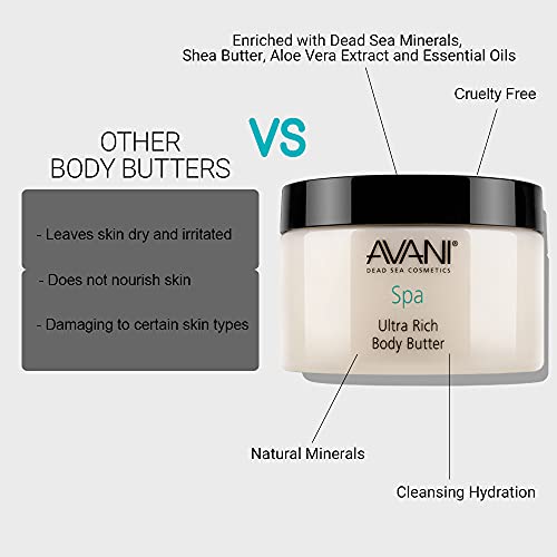 Avani Ultra Rich Body Butter - Dead Sea Salt, Aloe Vera, Vitamin E, Shea, Jojoba, Sunflower, Olive Essential Oil - Natural Exfoliating & Moisturizing Butter for All Skin Types - Milk/Honey Fragrance - Thumbnail 3