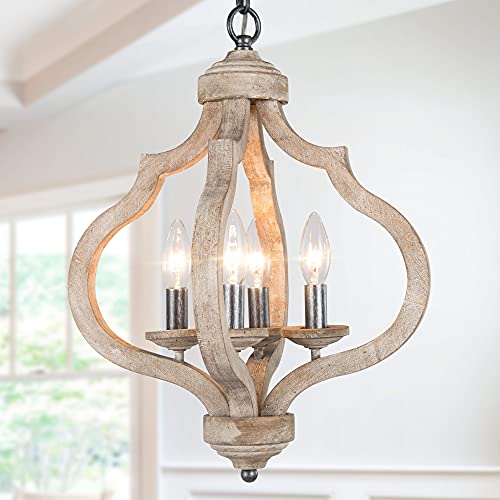 Farmhouse Chandelier, 4-Light Orb Chandelier, Farmhouse Light Fixture with Brown Wood