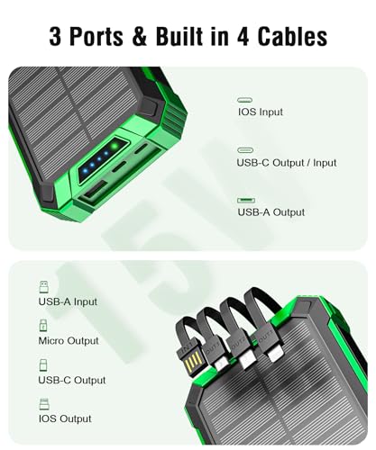 Wireless Solar Powerbank 26800mAh mit 4 Kabeln, Power Bank USB-C 15W Schnellladung 6 Ausgänge 3 Eingänge für Handy Tablets, Outdoor Camping Solar Ladegerät Externer Akku mit Taschenlampe – Bild 5