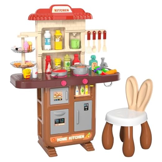 Lucky Doug Play Kitchen Playset for Toddlers Girls, Toy Kitchen Sets with Chair for Kids Toddlers Ages 3 4 5 6 7 8, Kitchen Accessories Set with Spray Light Sound, Pretend Play Food Toys with Pan Pot