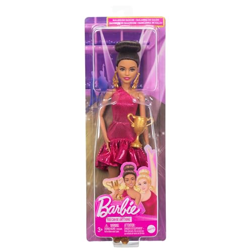 Barbie Poupée Danseuse de Salon et Accessoires avec robe à volants chaussures de danse cheveux coiffés bruns et accessoire trophée de danse JFR09 - vue 6