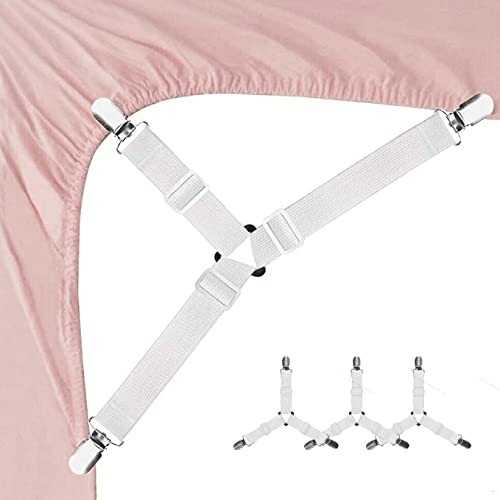 FEimaX Bed Sheet Holder Straps, 4 PCS 3 Way Bedsheet Fasteners Adjustable Triangle Elastic Suspender Corner Clips Stays with Grippers Fitted for Sheets Mattress Keepers