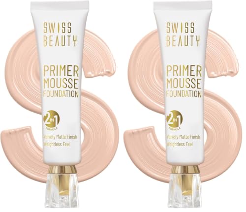 Image of Swiss Beauty Primer Mousse Foundation Weightless Smooth & Velvet Touch, Matte Finish, Face Makeup, Natural Beige, 30ml (Pack of 2)