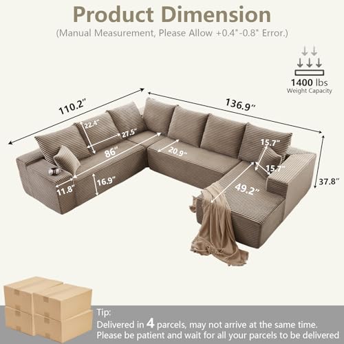 Image of Sectional Cloud Couch with L-Shape Chaise, Modern Modular Comfy Sofa with Deep Seat, Upholstered Corduroy Couches Stupendous U Shaped Sofas for Living Room Bedroom, No Assembly Required, Camel