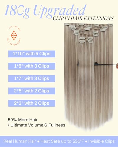 Image of Full Shine Thick Clip in Hair Extensions Real Human Hair, 20 Inch 180g 7Pcs | Clip in Extensions for Women, Ash Blonde Highlighted Blonde Seamless Design for Women, Everyday Styling, Natural Blend