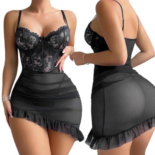 FFWTPY Dessous Damen Sexy Unterwäsche Lingerie Spitze Bustier Top mit Rock Mesh Transparent Netzoberteil Reizwäsche Set Netzshirt Fishnet Body...