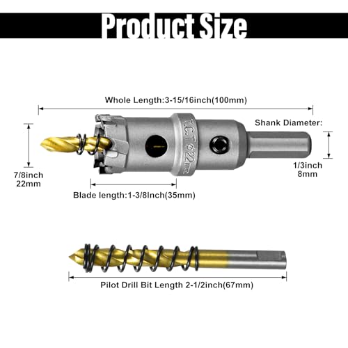 Image of SALI 7 /8 inch (22mm) TCT Hole Saw Kit Tungsten Carbide Tipped Hole Saw Drill Bit with Titanium-Plated Pilot Drill bit for Metal, Stainless Steel, Iron, Wood, Plastic 2pcs