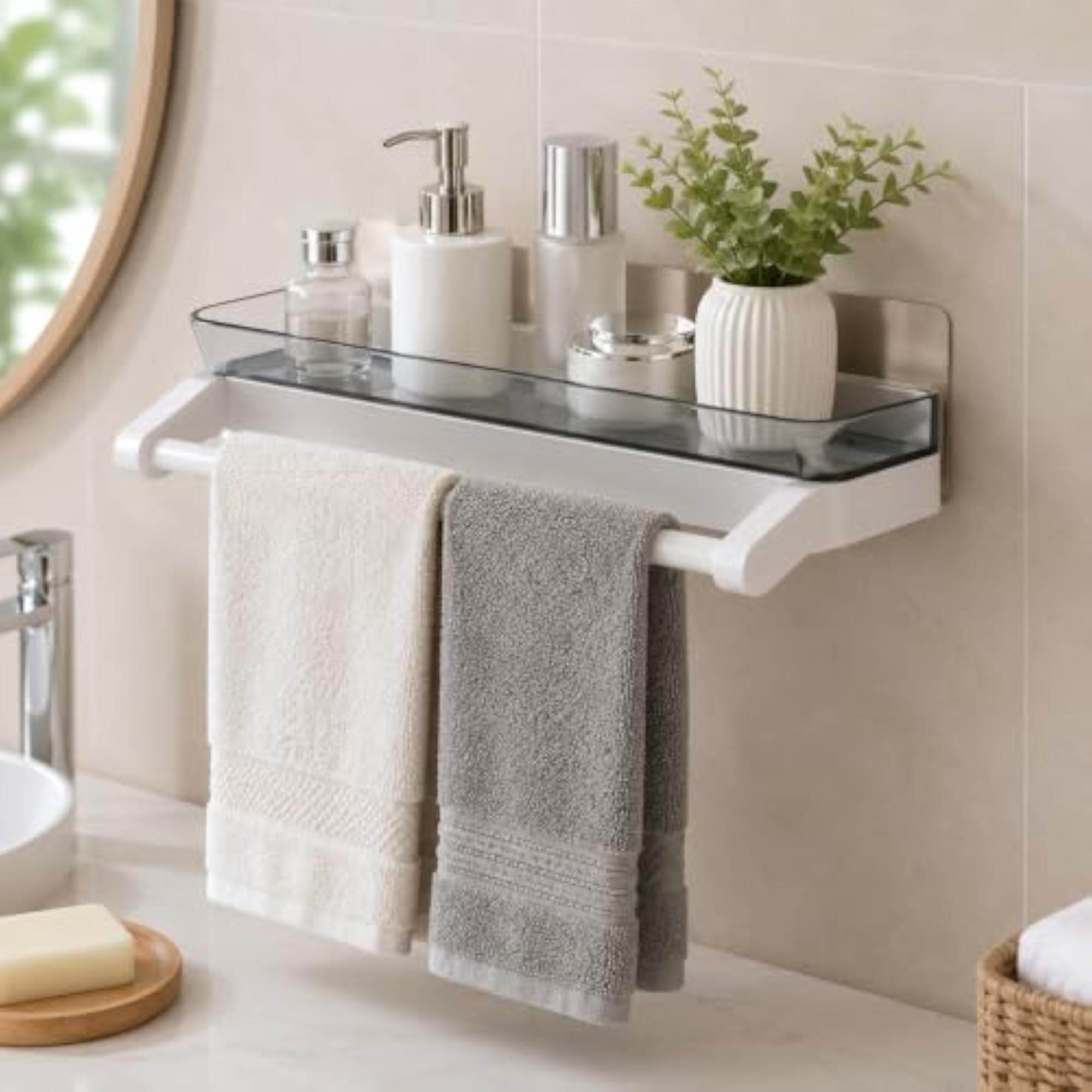 Wall-Mounted Kitchen Shelf with Towel Bar, Adhesive, White
