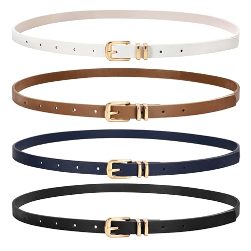 4 Pack Women's Slim Genuine Leather Belts Thin Adjustable Waist Belt with Gold Buckle for Everyday Wear