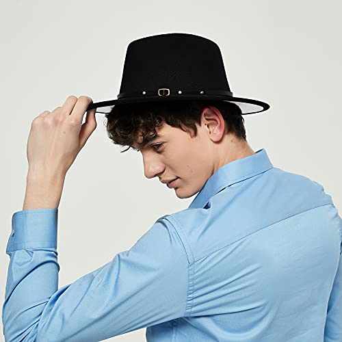 Image of jingsha Fedora Hats for Men & Women Wide Brim Fedora Felt Panama Hat Men's Dress Hats with Belt Buckle