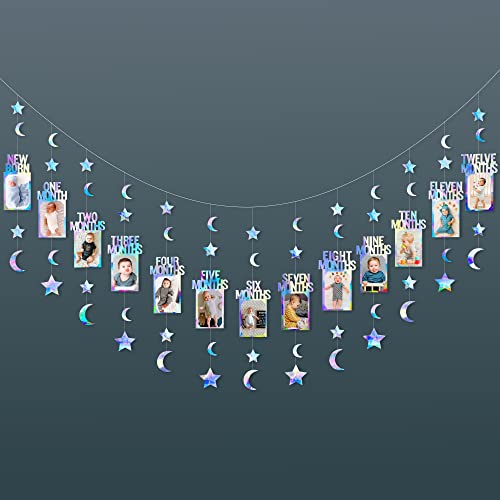 Bannière de Cadre Photo 1er Anniversaire Guirlande Photo étoile Lune irisée bébé de la Naissance à 12 Mois Banderole de Photographie d'étape mensuelle holographique pour décorations de fête d'un an