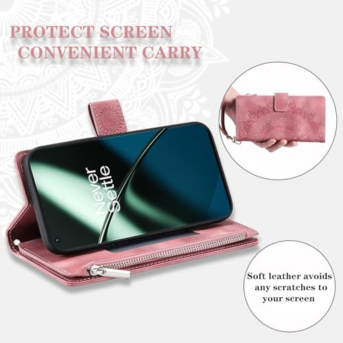 Asuwish Phone Case for OnePlus 11 5G Wallet Cover With Tempered Glass Screen Protector and Wrist Strap Mandala Flower Leather Flip Zipper Card Holder Cell One Plus11 1 Plus 1plus11 One+ 1+ Rose Gold - Image 3