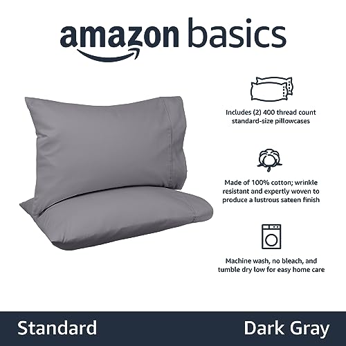 Image of Amazon Basics 400 Thread Count 100% Cotton Pillow Cases, Soft, Wrinkle Resistant, Sateen Weave, Standard Size, 30 inch x 20 inch, Dark Gray, Set of 2
