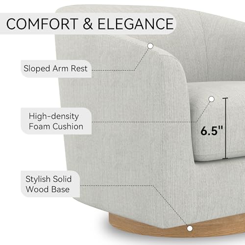 Image of Swivel Accent Chair, Upholstered Modern Barrel-Curved Armchair, Linen Fabric Comfty Sofa Reading Chair with Solid Wood Base for Bedroom, Living Room, Club, Ivory