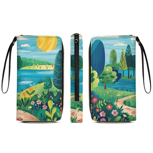 Rural Landscape Painting Leather Wallet Smooth Zip Around Clutch Wristlet Travel Long Soft Purse for Women3