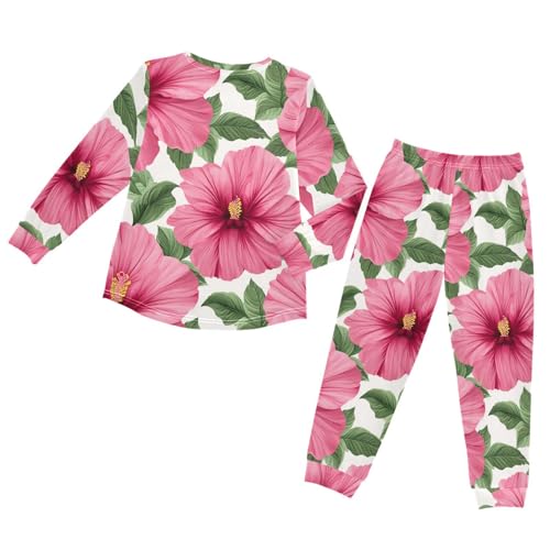 Pink Hibiscus Floral Pattern Soft Pajama Set for All Seasons,Breathable Pjs Long Sleeve Sleepwear,Comfy Loungewear 2 Piece Underwear Set 3T2