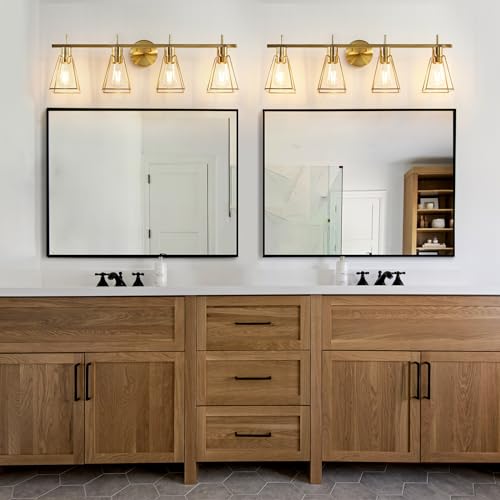 Image of Industrial Bathroom Vanity Lights: 4-Lights Gold Brushed Brass Vintage Metal Cage Wall Lamps - Rustic Farmhouse Light Fixture Over Mirrors Cabinet for Painting Hallway