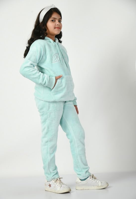 Image of Girls Fur Night Suit | Regular Fit Design | Hooded Neck | Full Sleeve Set for Girl's Yoga, Joggers, Gym, Active Wear For Girl's