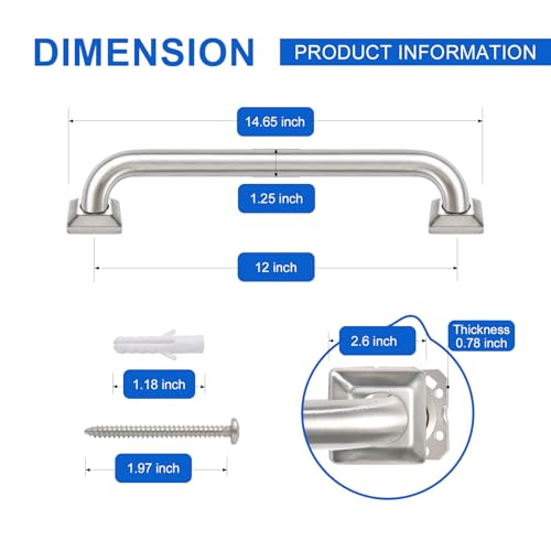 Bathroom Grab Bars Stainless Steel Handrail ADA Compliant 500lbs bathtubs and Showers Toilet Handle Safety for Handicap, Elderly, Disabled, Injury (12 inches) - Image 2
