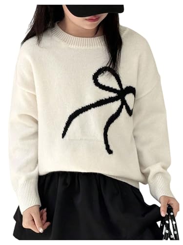 Image of BEAUDRM Girl's Bow Sweater Crew Neck Cute Sweaters Long Sleeve Knit Pullovers Sweater