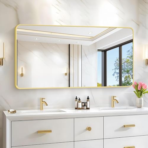 Image of 55 inchx30 inch Gold Bathroom Mirror, Large Rectangle Mirror, Rectangular Wall Mirror, Rounded Corner Vanity Mirror with Aluminum Metal Frame for Bathroom Bedroom Living Room Horizontal /Vertical