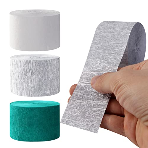 Image of Teal-Turquoise White Silver Party-Decorations Streamers - 9 Rolls Woman Girl Birthday Crepe Tissue Paper Streamer Graduation Wedding Bachelorette Engagement Bridal Baby Shower Garland Decor Panduola