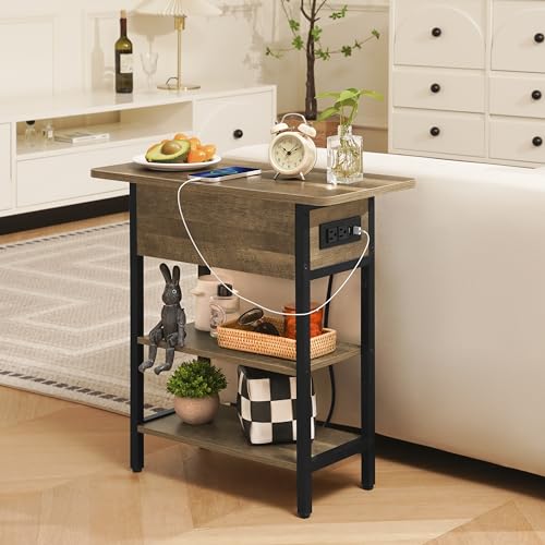 Image of Yoobure End Table with Charging Station, Flip Top Side Table with USB Ports and Outlets, Sofa Couch Table Bedside Table for Living Room Bedroom, Narrow Nightstand with Storage Shelves for Small Space
