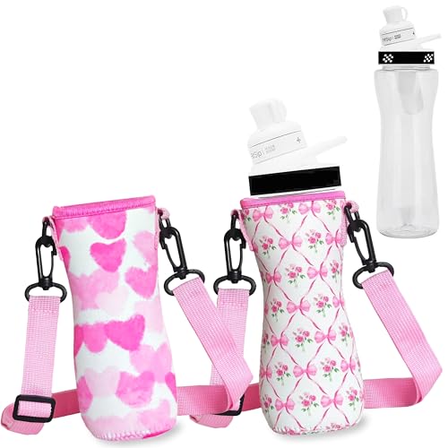 ARefugen 2Pcs Neoprene Insulated Sleeve Fit for 22 oz Cirkul Water Bottle - Holder Carrier with Shoulder Strap (Bow & Heart)