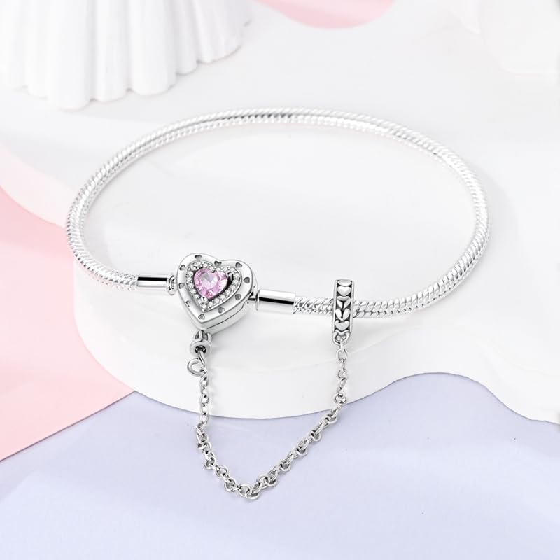 Image of 925 Sterling Silver Snake Chain Bracelets Fit Pandora Charms,Heart Clasp Bracelets Perfect For Any Glamour Gift for Women with 5 A Cubic Zirconia