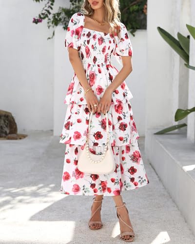 Image of BTFBM Womens Floral Smocked Summer Maxi Dresses | Square Neck Puff Short Sleeve Ruffle Tiered, 2026 Trendy Casual Sundress, Cruise Holiday Beach Vacation Wedding Guest Dress