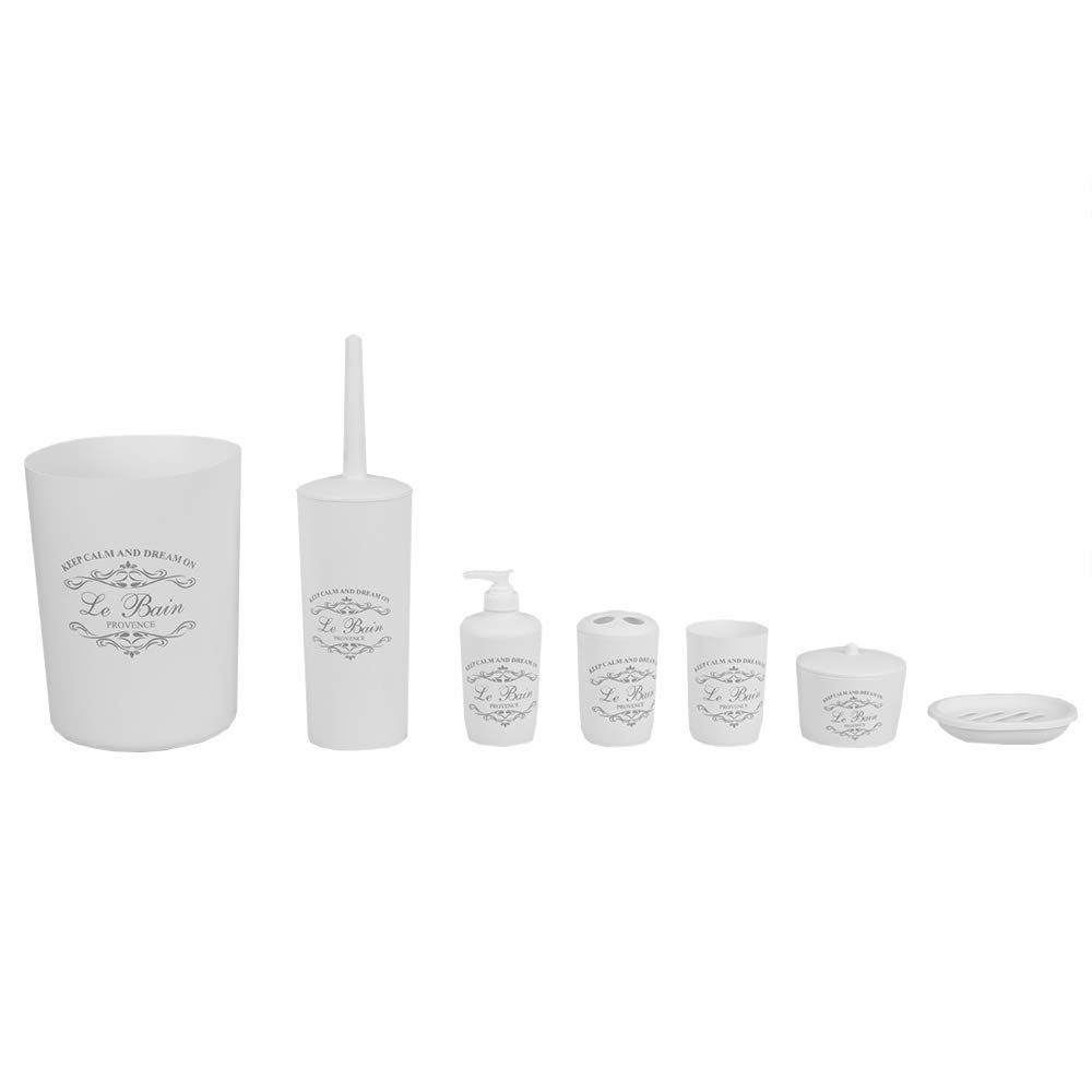 Home Basics - Juego de baño de 7 piezas (blanco), hecho de plástico, incluye vaso, soporte para cepillo de dientes, jabonera, dispensador de loción, soporte para bolas de algodón, soporte para cepillo