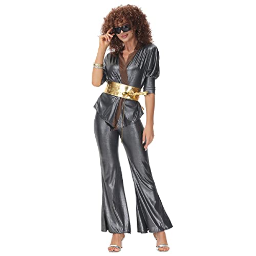 IMEKIS Damen 70er Jahre Jumpsuit Fancy Disco Outfit Hippie Kostüm mit...